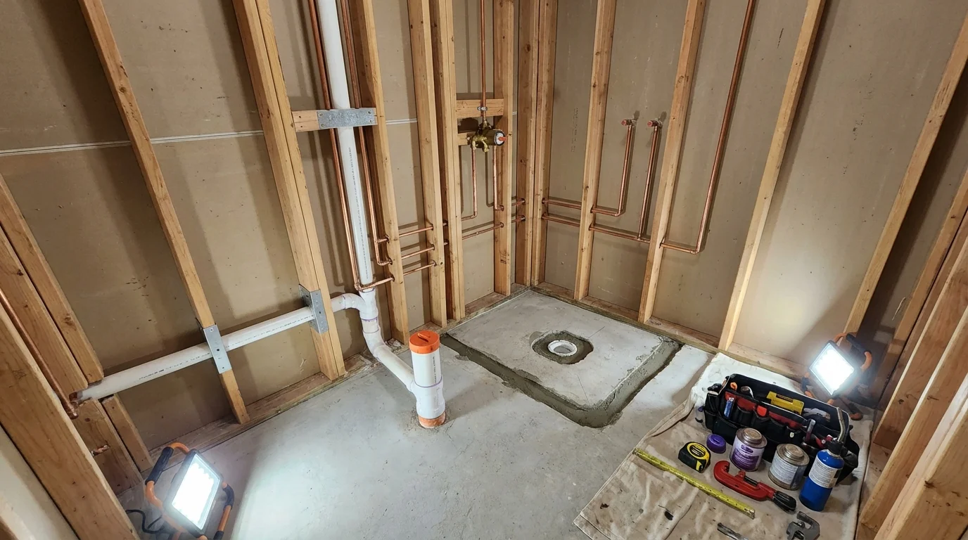 Bathroom rough-in plumbing during remodel by Johns Plumbing LLC in Fairfax