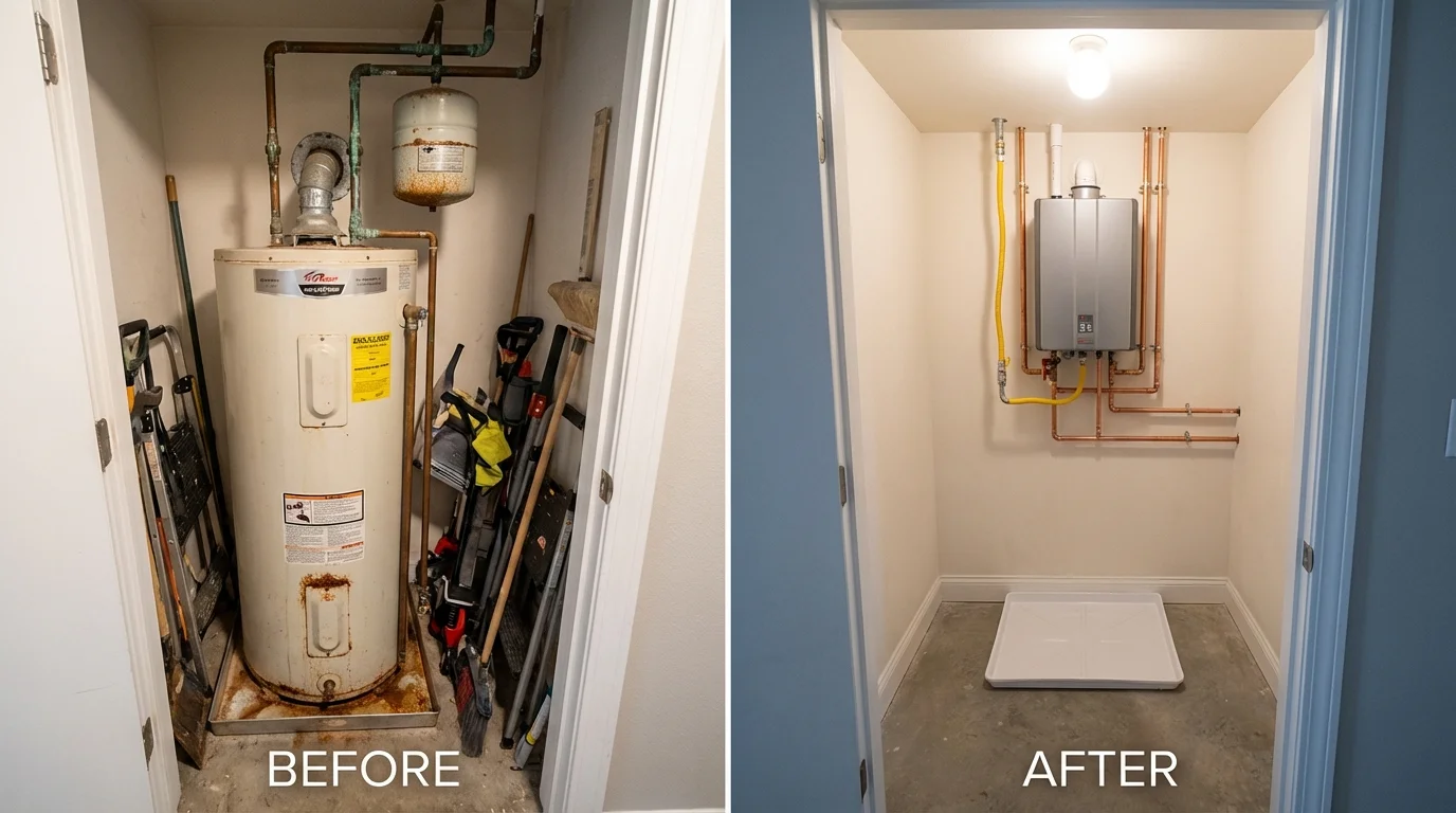 Tank water heater versus wall-mounted tankless unit comparison for Fairfax, IA homeowners