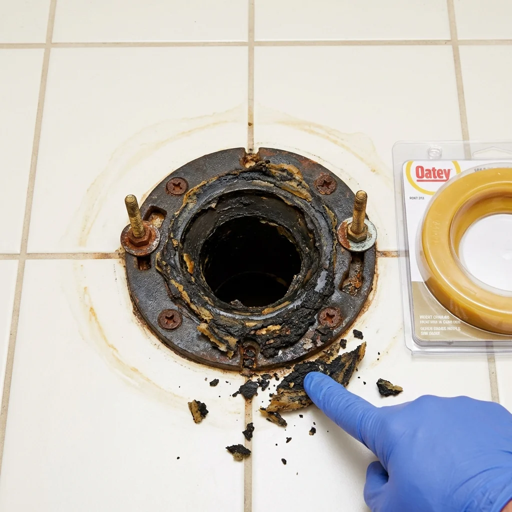 Failed wax ring showing water seepage at the base of a toilet in a Fairfax, IA home