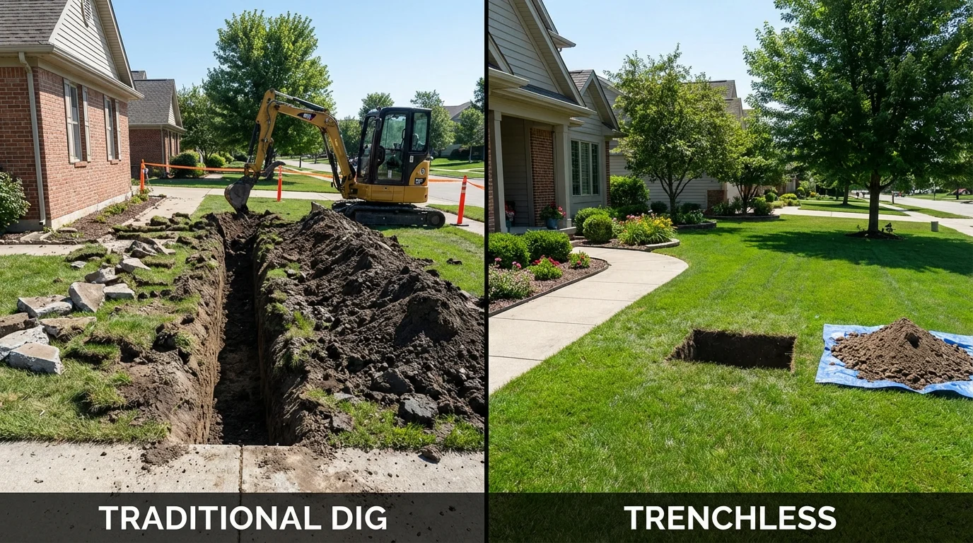 Trenchless sewer repair with minimal yard damage versus traditional excavation in Fairfax, IA