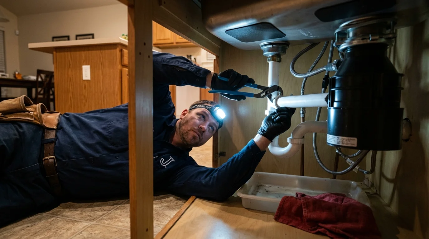 P-trap and supply line connections under a kitchen sink showing a common leak point in Fairfax, IA
